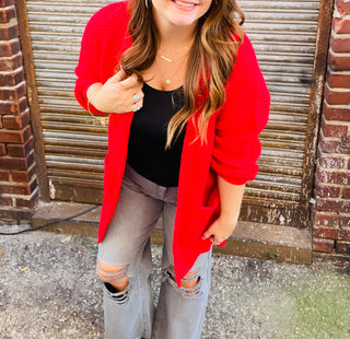 Bailey Waffle Knit Cardigan in Red