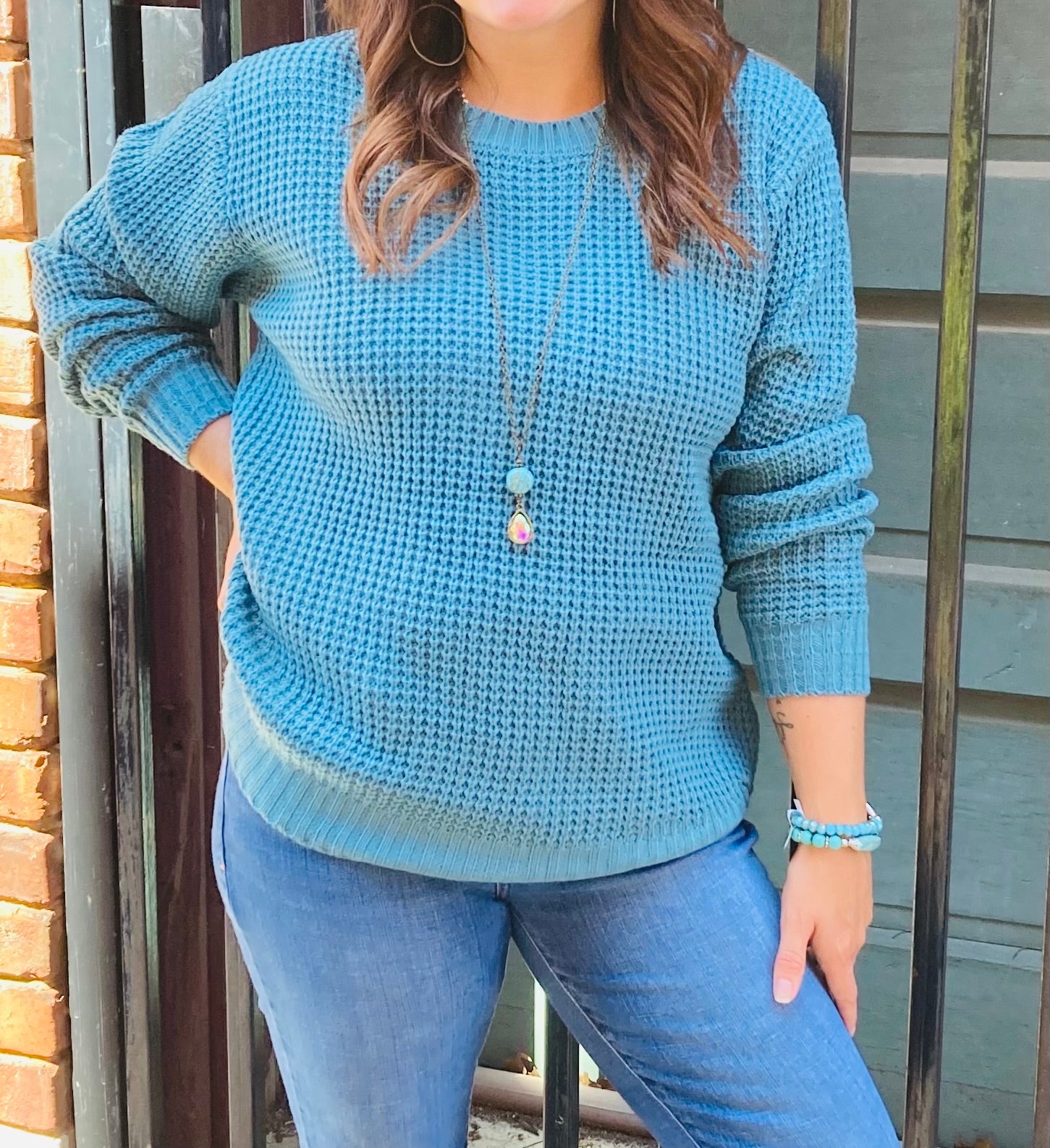 Dusty Teal Waffle Knit Sweater
