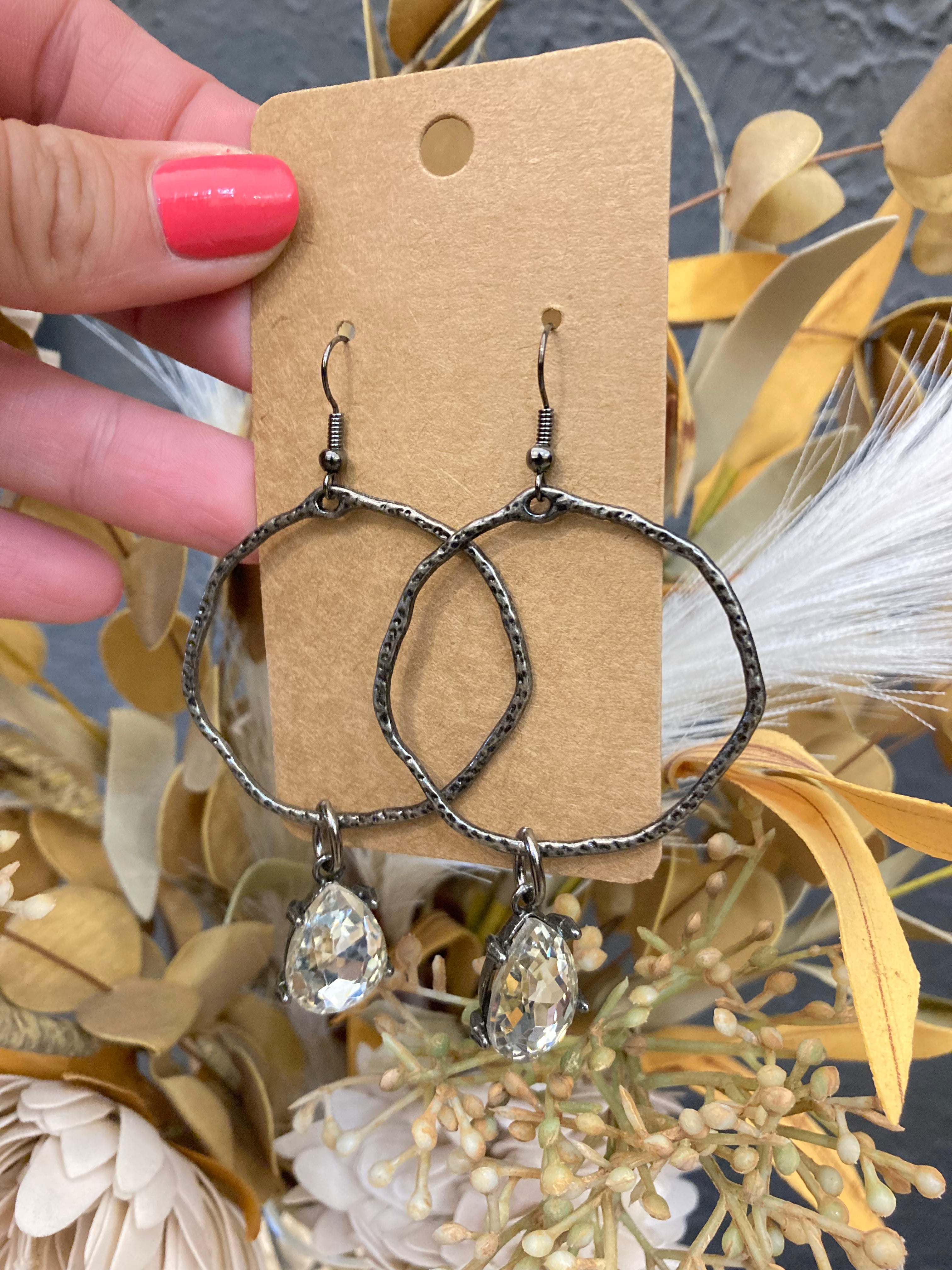 Antique Silver Crystal Teardrop Earrings