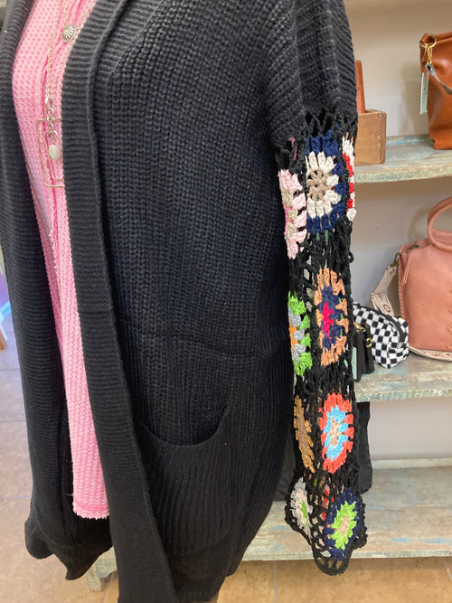 Luna Crochet Sleeve Black Cardigan