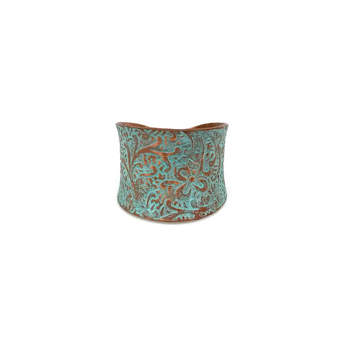 Copper Patina Aqua Floral Paisley Cuff Ring