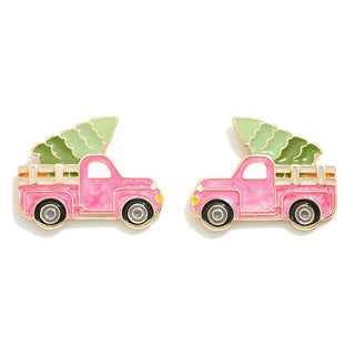 Pink Christmas Tree Truck Earrings