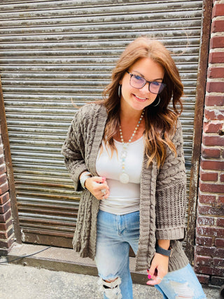 Mariah Olive Chunky Cable Knit Cardigan