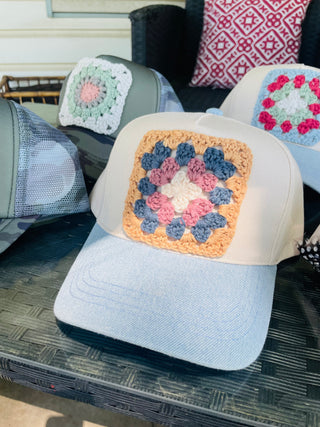 Granny Square Trucker Hat - Orange & Denim