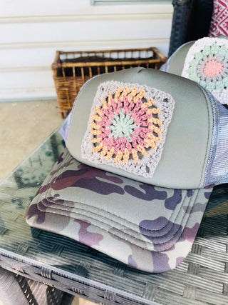 Granny Square Trucker Hat - Orange & Camo
