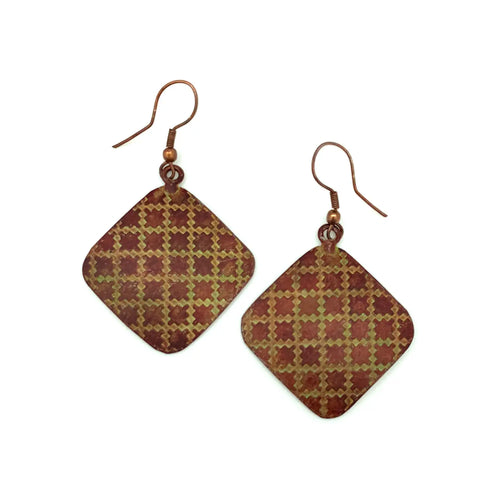 Copper Patina Chartreuse Tile Pattern Earrings