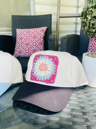 Granny Square Trucker Hat - Ruby & Black