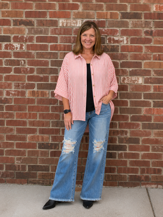Lena Striped Button Down Top in Red