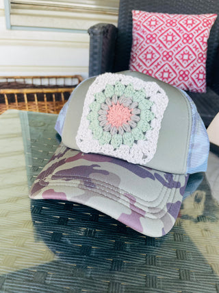 Granny Square Trucker Hat - Gray & Camo