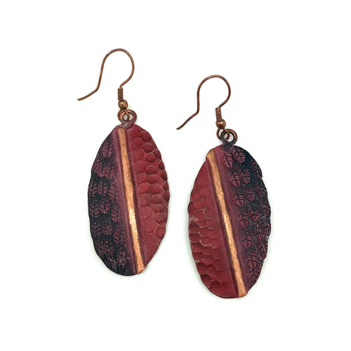 Copper Patina Red Feathers Earrings