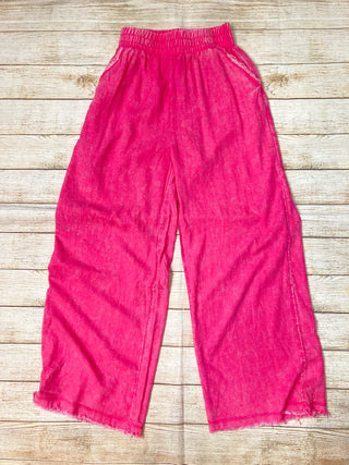 Fuschia Acid Wash Fray Hem Pants