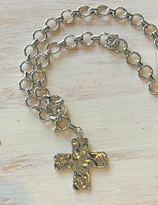 Hammered Cross Necklace - Silver