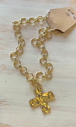 Hammered Cross Necklace - Gold