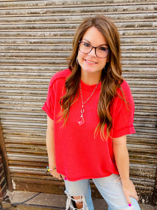 Sybil Ribbed Top in Red