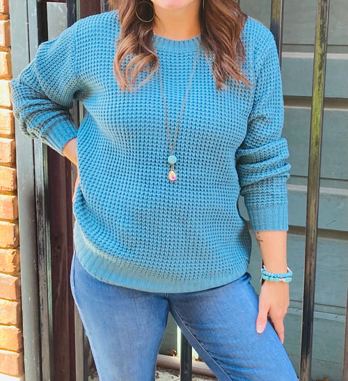 Dusty Teal Waffle Knit Sweater
