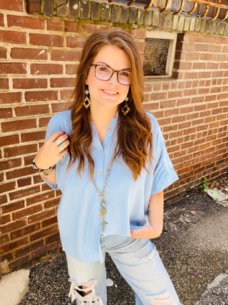 Karlie Linen Button Down Shirt in Light Blue