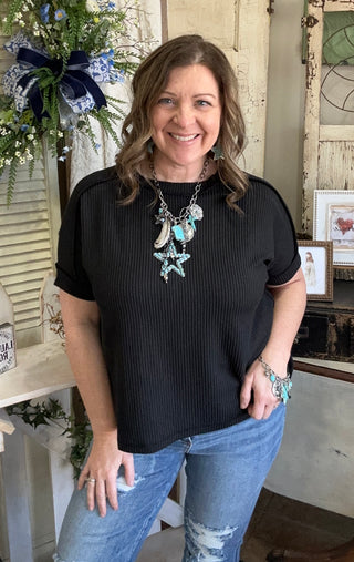 Sybil Ribbed Top in Black