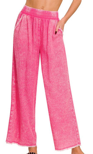 Fuschia Acid Wash Fray Hem Pants