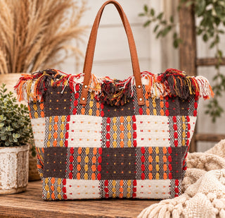Madison Handwoven Fringe Tote in Fall Plaid