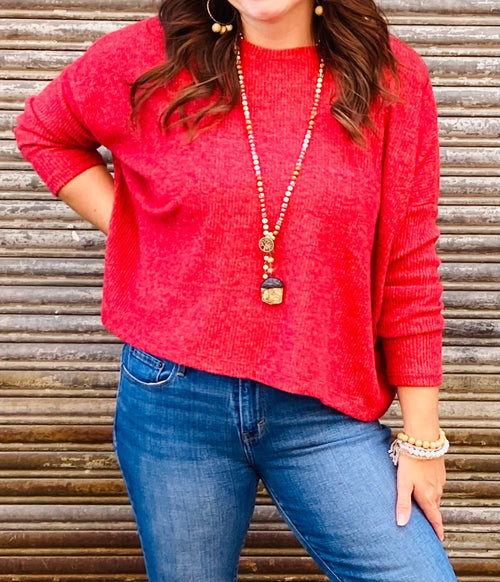 Katie Red Ribbed Dolman Sweater