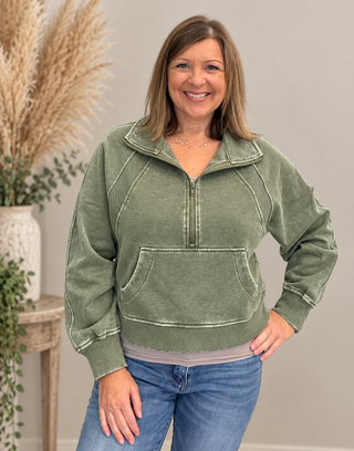 Gia Acid Washed Half Zip Pullover in Olive