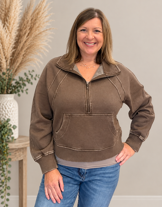 Gia Acid Washed Half Zip Pullover in Mocha