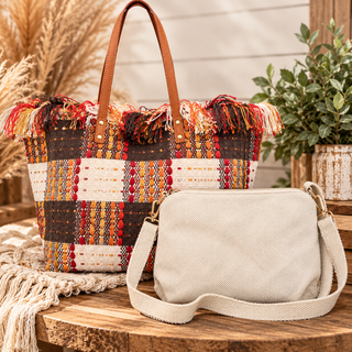 Madison Handwoven Fringe Tote in Fall Plaid