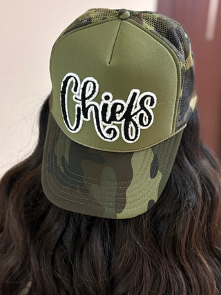 ONLINE EXCLUSIVE ~ Black & White Chiefs Chenille Patch Trucker Cap by Randi Mahomes