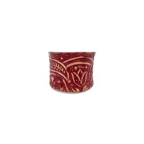 Copper Patina Red Botanical Print Cuff Ring