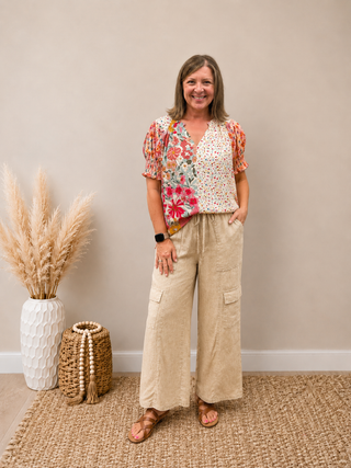 Beige Washed Linen Cargo Pants