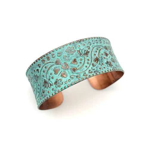 Copper Patina Turquoise Flowers Cuff Bracelet