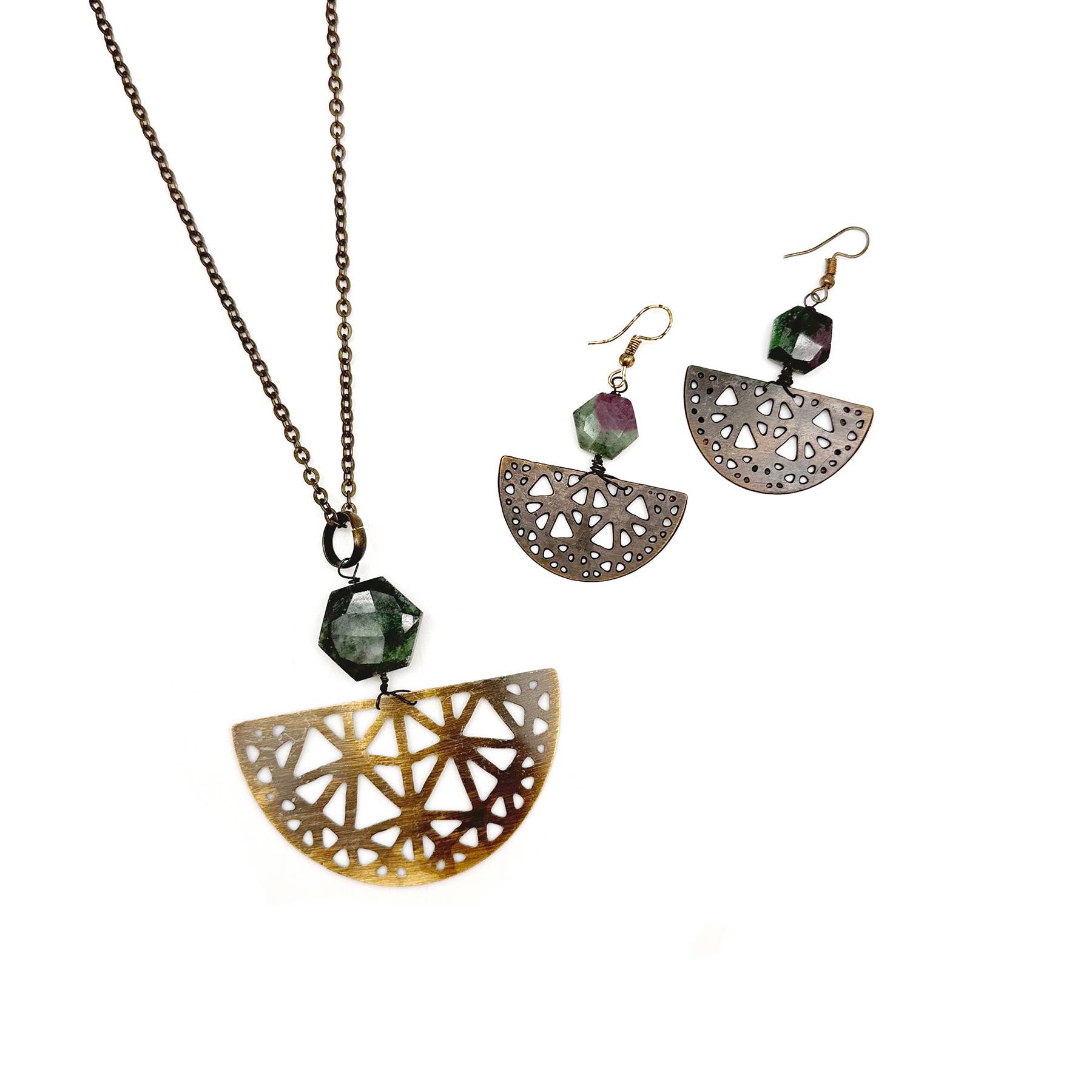 Banjara Collection Necklace - Ruby Zoisite, Brass Filigree