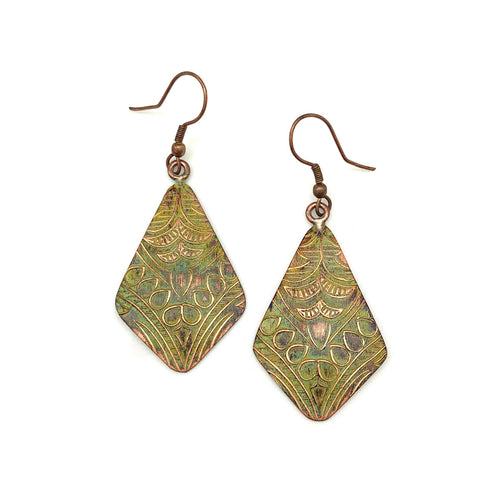 Copper Patina Light Green Floral Earrings