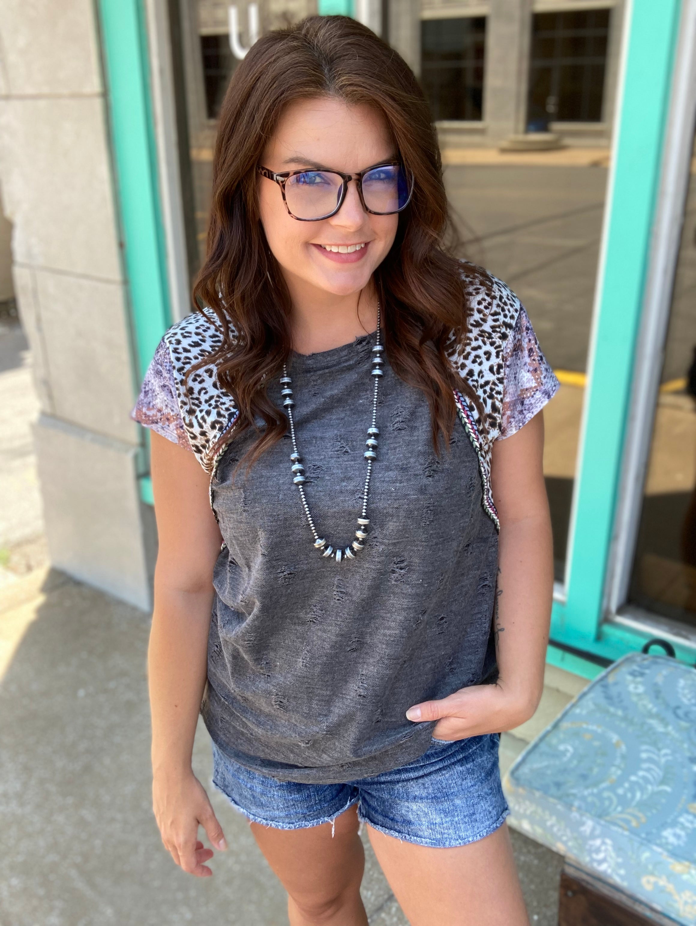 Rachel Distressed Knit Top in Charcoal