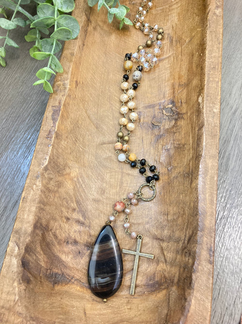 Stone & Cross Pendant Necklace