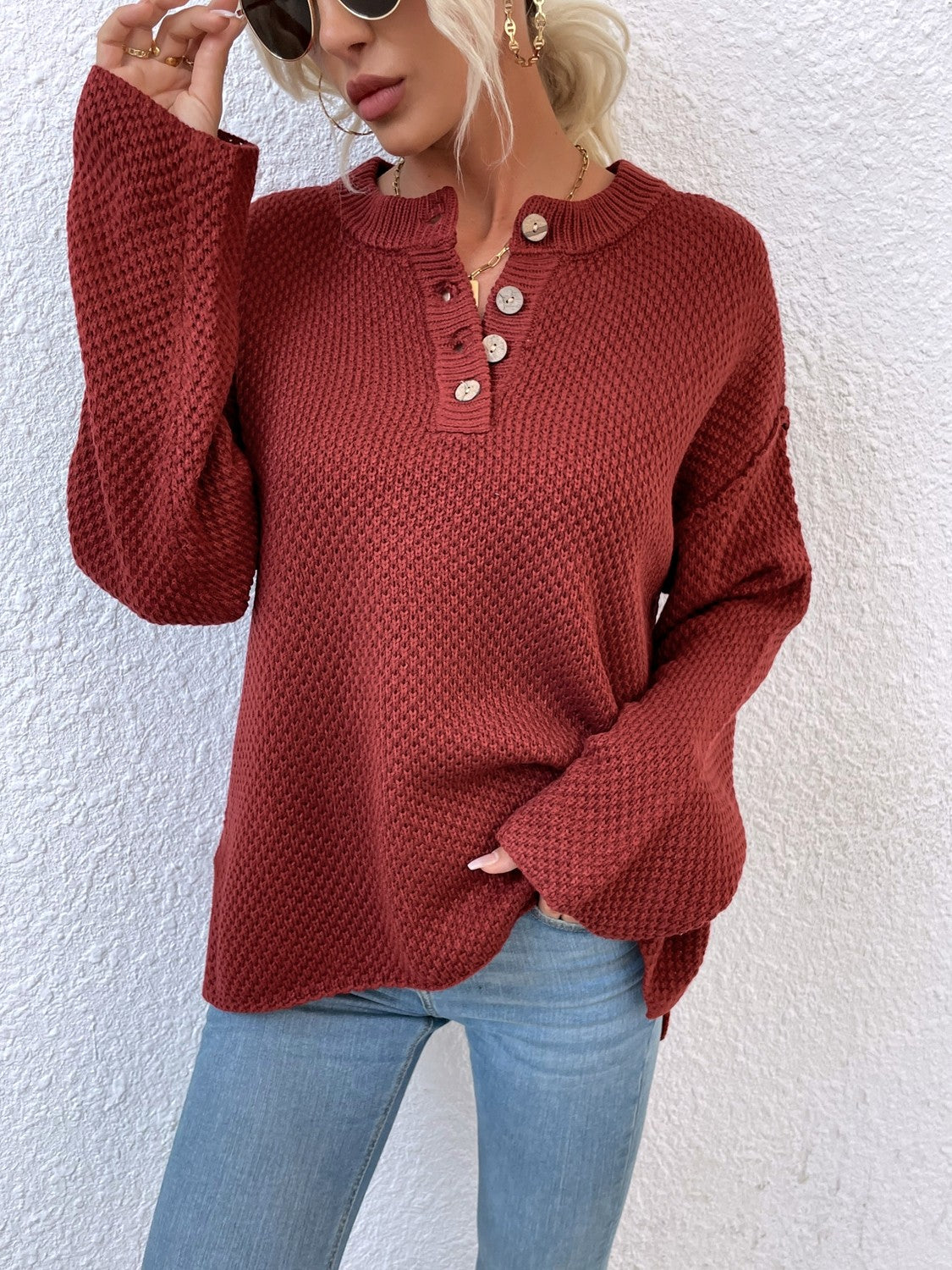 ONLINE EXCLUSIVE Quarter-Button Slit Sweater