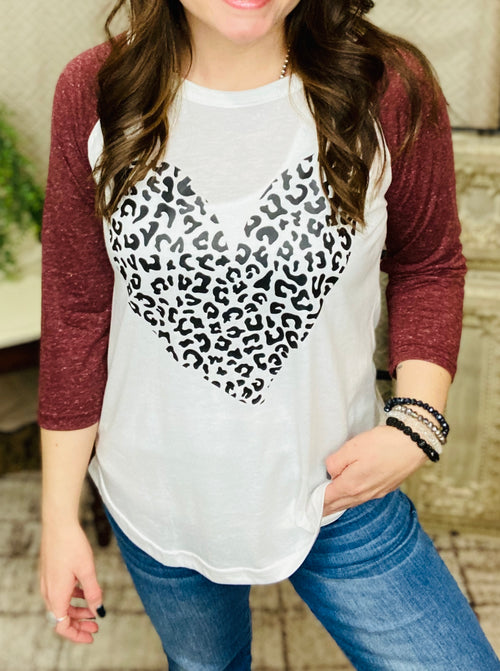 Leopard Heart Maroon Baseball Raglan